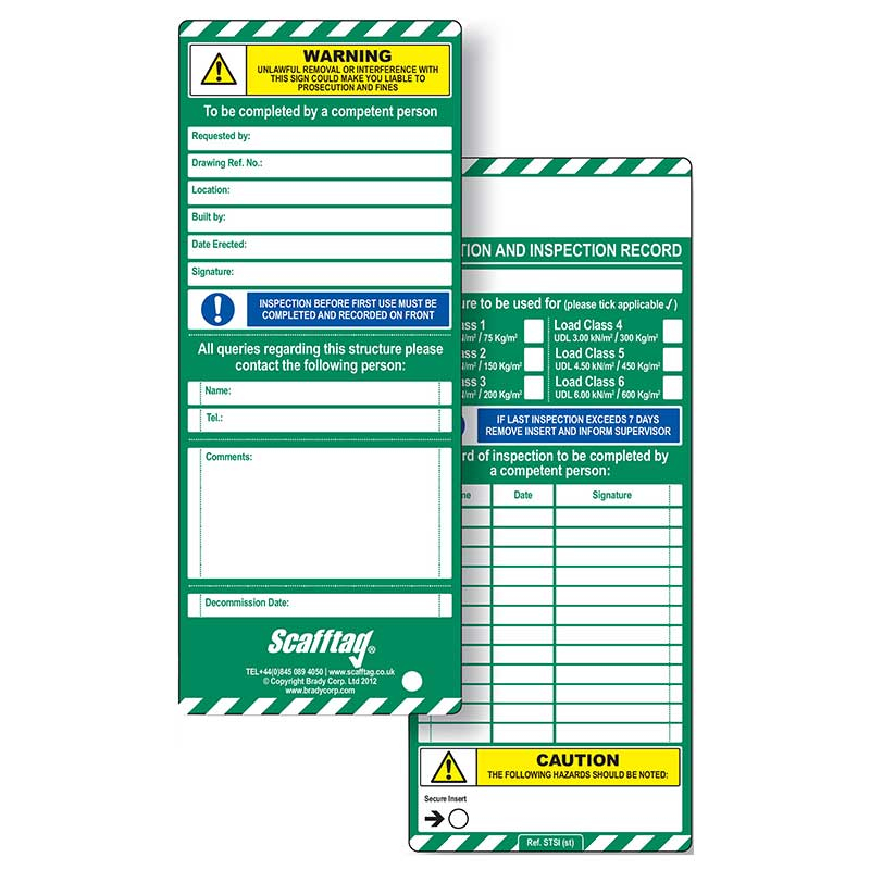 Ladder Accessories Scaff Tag Inspection Cards 10pk - Kernow Fixings