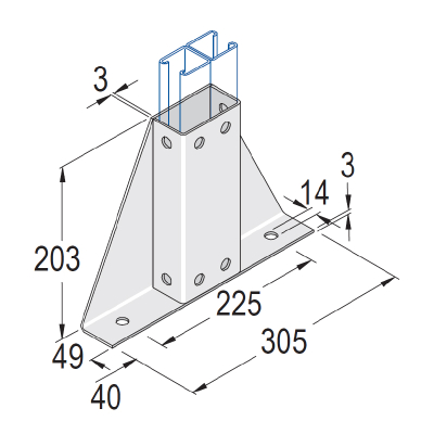 Unistrut 10 Hole Double Base Plate Gussetted 305x203mm HDG